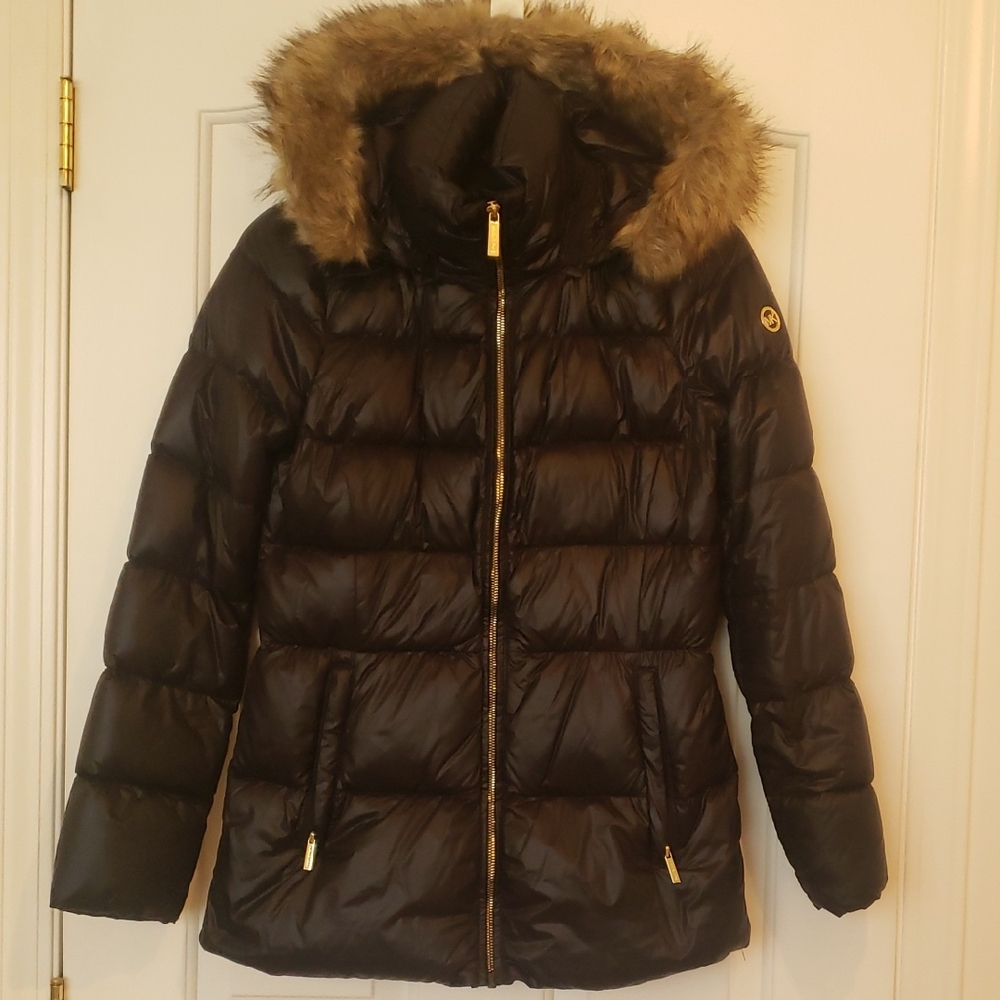 Michael Kors Black Puffer Jacket with Removable Faux Fur Trim Hood